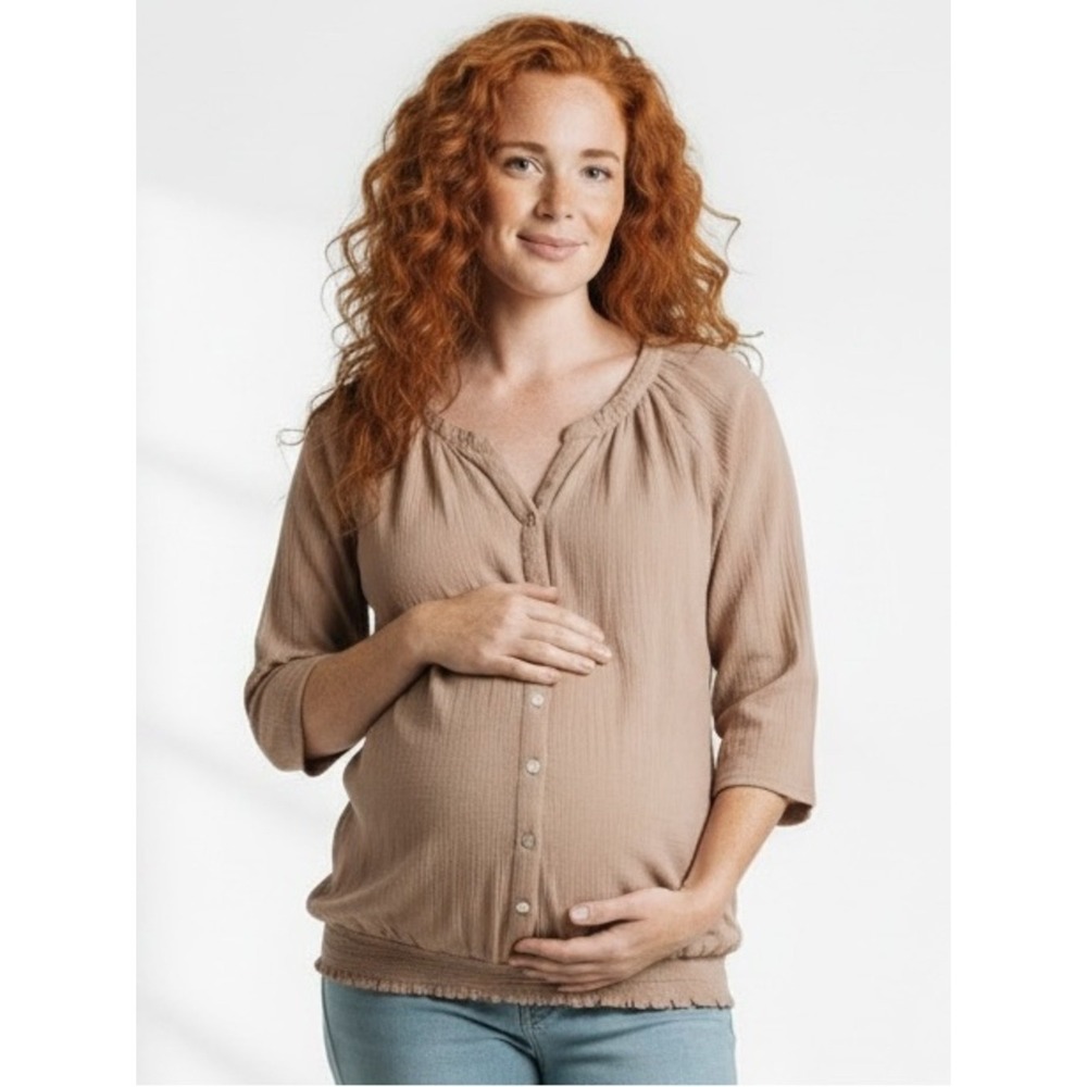 Motherhood Maternity Medium Brown Button Front Blouse Boho Peasant Top